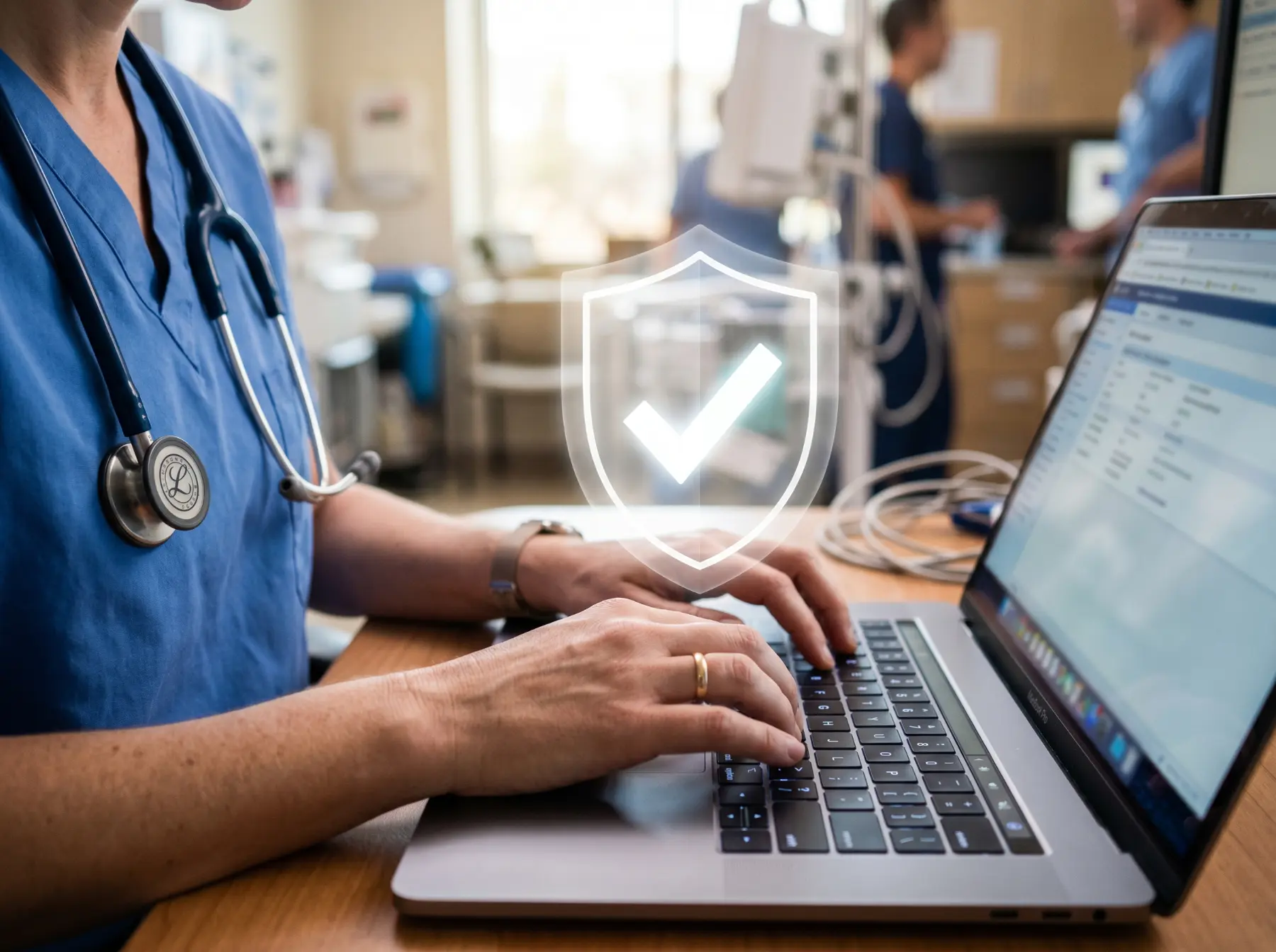 A healthcare professional working securely on a laptop with a data protection overlay